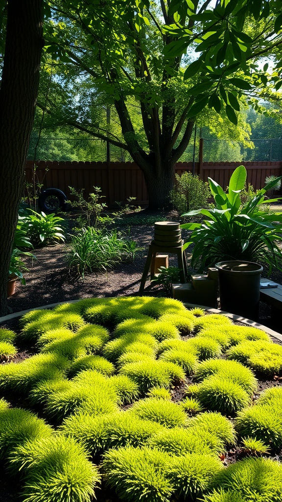 Lush green moss in partial shade under a tree in a backyard garden