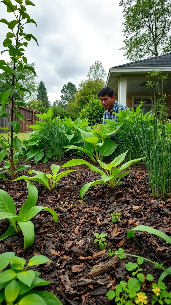 A person gardening amongst lush green plants and mulch, indicating the importance of choosing the right time for mulching.