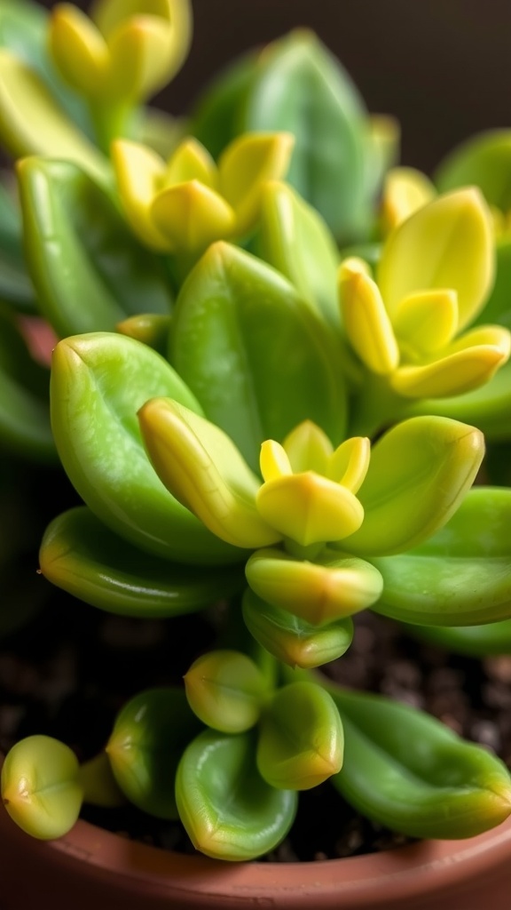 A jade plant with vibrant green leaves and exposed roots, illustrating the importance of proper watering.