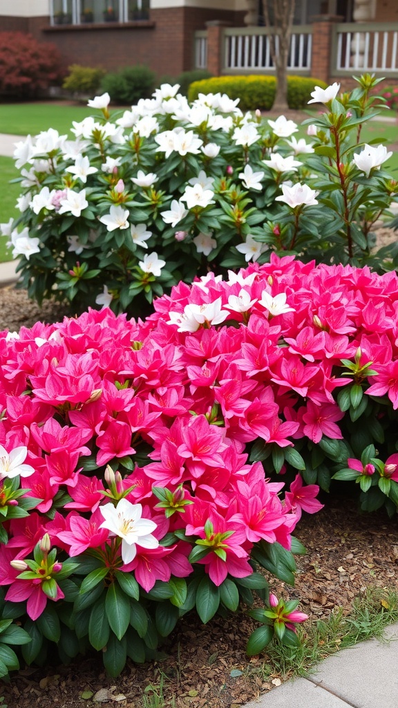 Colorful azaleas in pink and white blooming in a landscaped garden