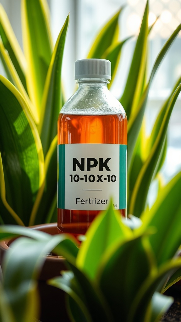 Bottle of NPK 10-10-10 fertilizer in front of snake plant leaves