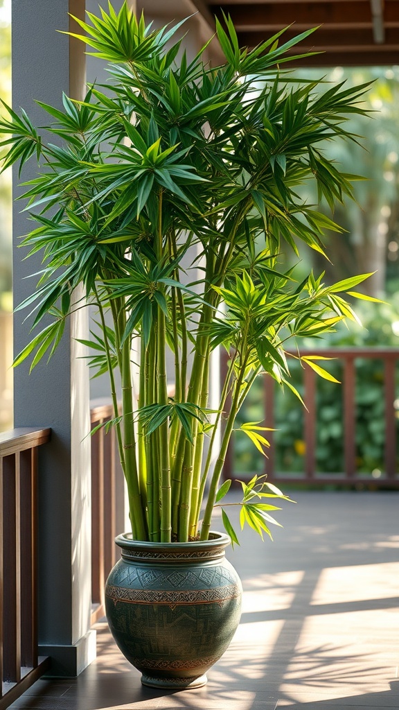 A tall bamboo plant in a decorative pot on a shaded patio