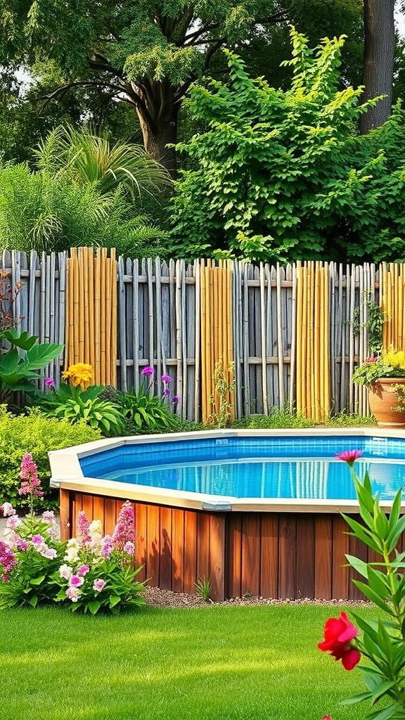 Colorful above ground pool surrounded by bamboo fencing and lush greenery