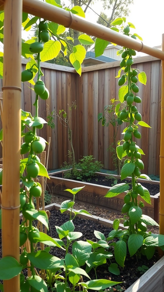 A bamboo frame supporting green climbing plants in a garden setting.