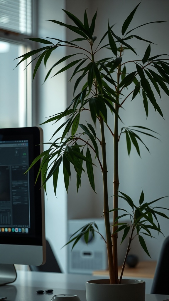 A Bamboo Palm with lush green leaves in an office setting next to a computer.