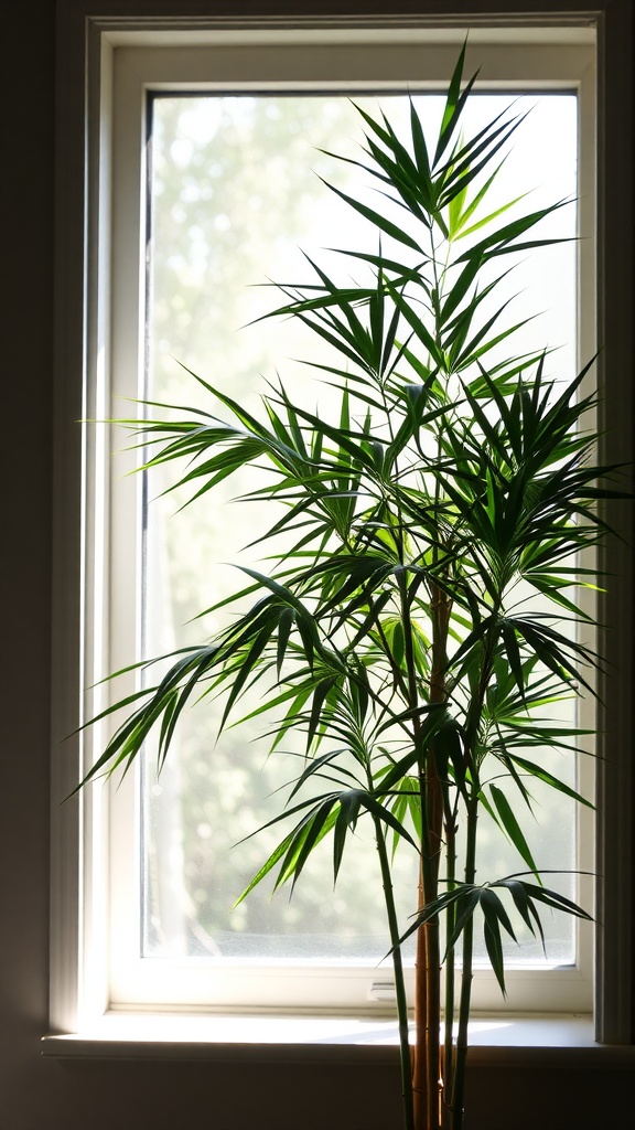 A Bamboo Palm in front of a window, showcasing its long, green leaves.