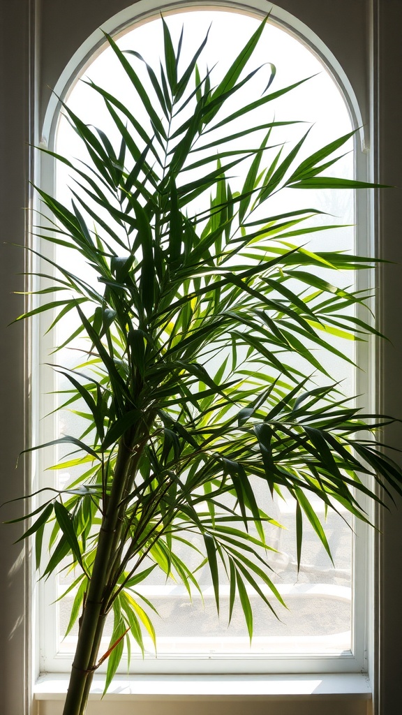 A Bamboo Palm plant in front of a bright window, showcasing its lush green leaves and tall stature.