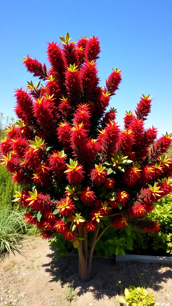 A vibrant Barberry shrub with red and yellow foliage under a clear blue sky.