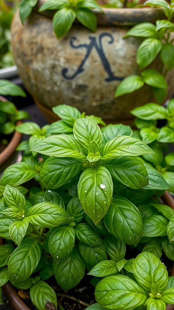 Lush green basil plants with water droplets, nestled beside a decorative pot.