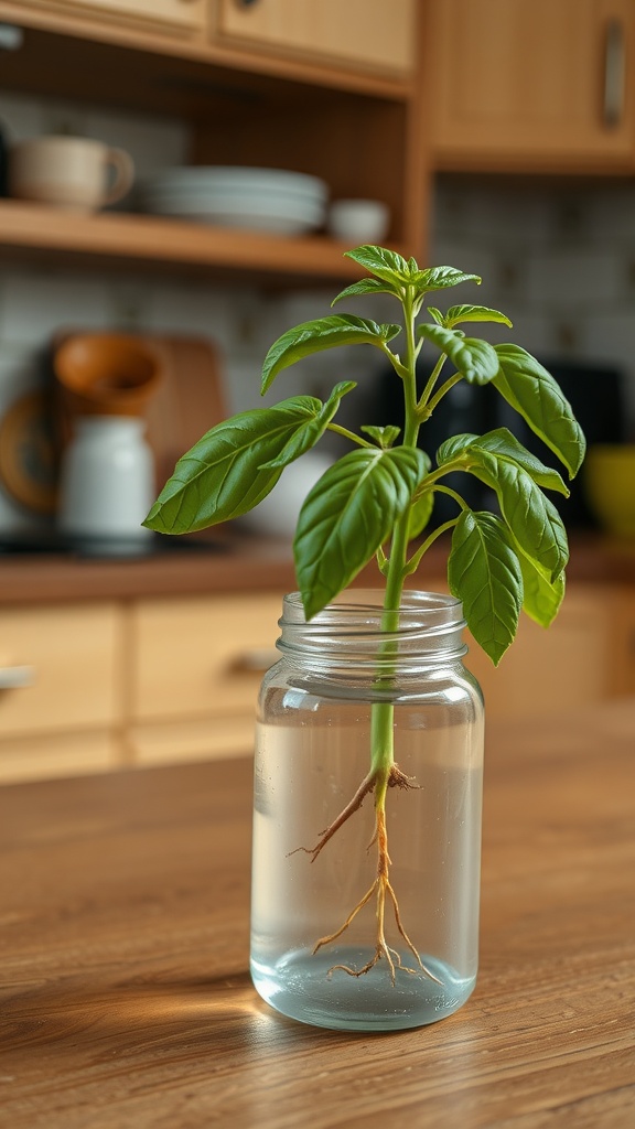 A jar of water with a basil cutting showing roots