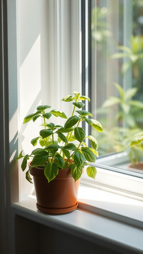 A basil plant with vibrant green leaves sitting on a windowsill, basking in the morning light