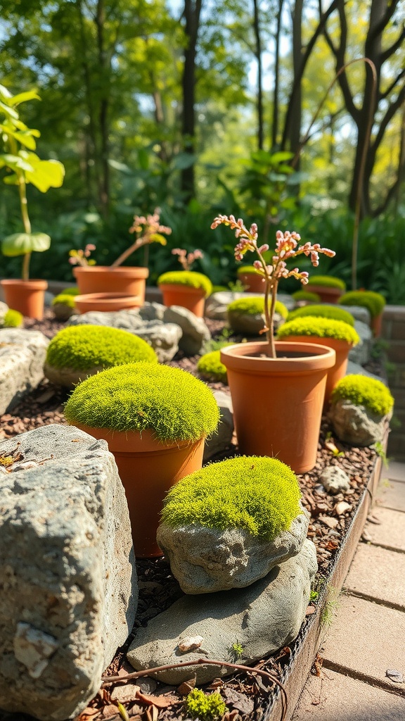 A garden scene featuring pots with vibrant green moss and rocks, showcasing the beauty of moss growth.