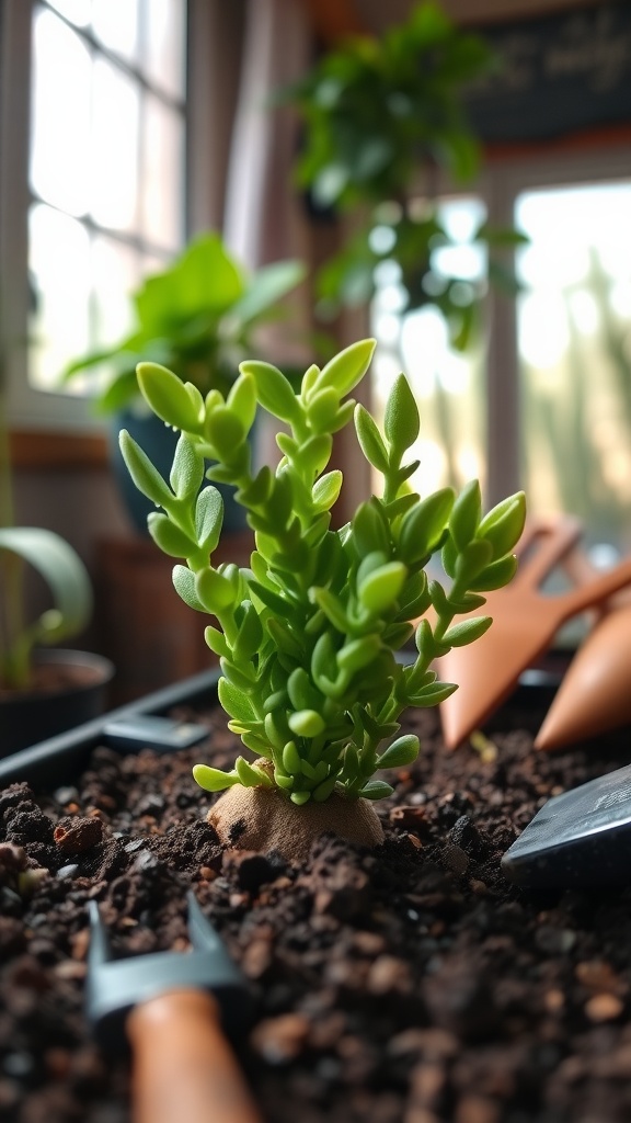 A young jade plant with vibrant leaves in a pot surrounded by gardening tools.
