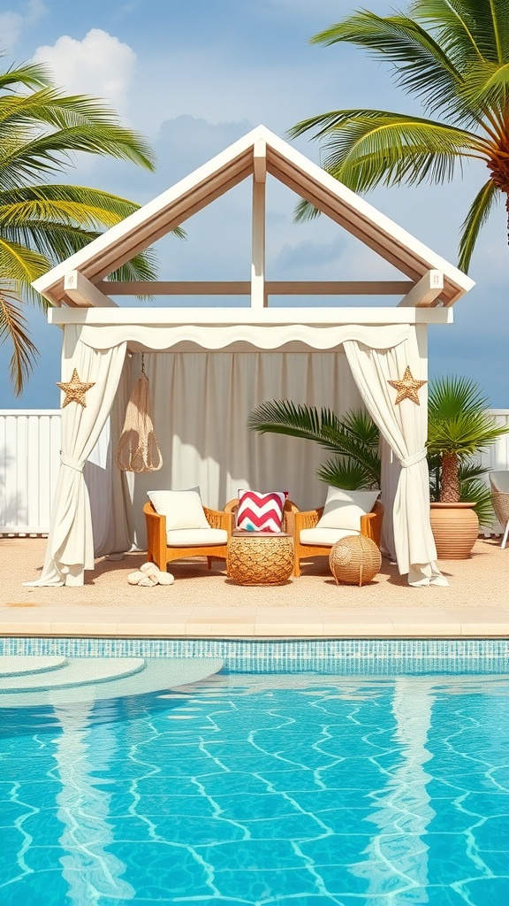 A beachside vibe cabana by a clear blue pool surrounded by palm trees, featuring cozy wooden furniture and colorful cushions.