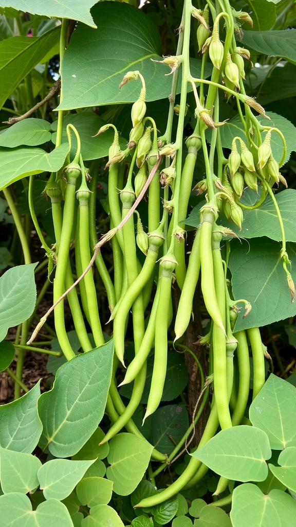 Climbing bean plants showcasing long green pods ready for harvesting