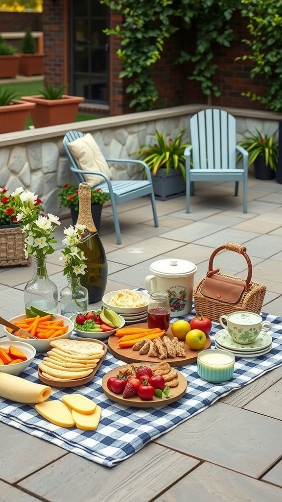 A beautifully arranged picnic area with a checkered blanket, colorful snacks, and blue chairs surrounded by greenery.