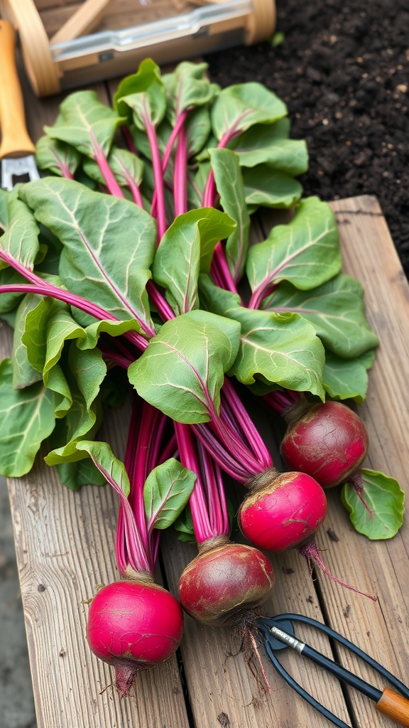 Freshly harvested beets with green leaves on a wooden surface, showcasing their bright red color.