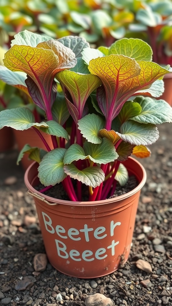 A bucket filled with healthy beet plants showing vibrant green leaves and round roots