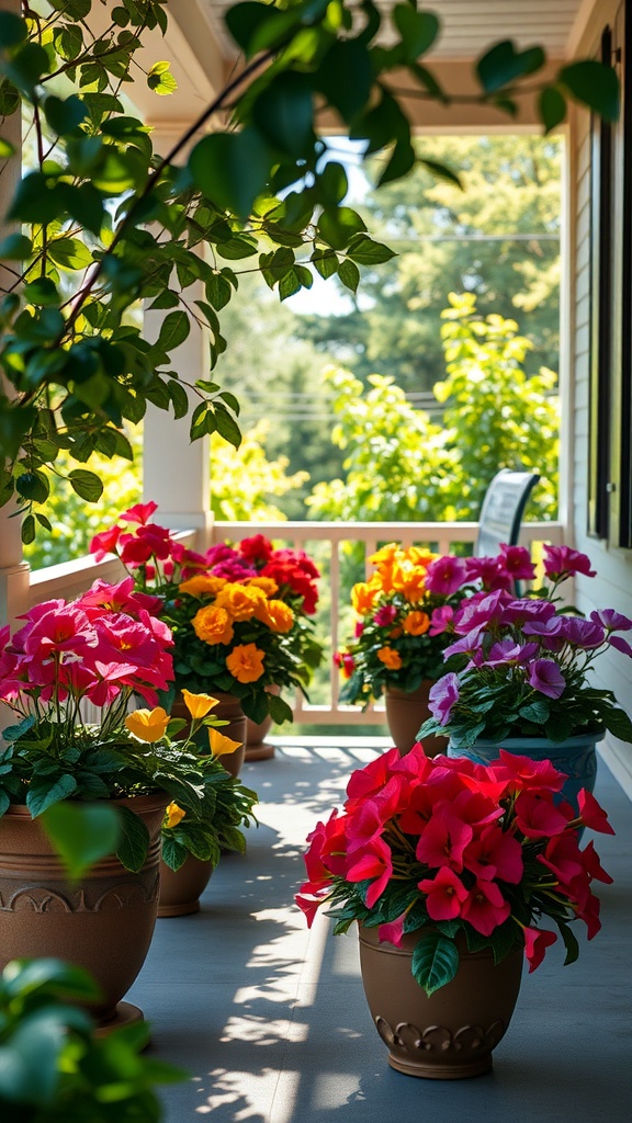 Colorful begonias in pots on a shaded porch