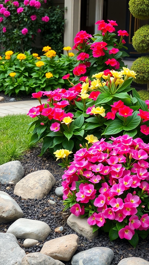 Colorful begonias in shades of pink, yellow, and red, arranged in a flower bed with rocks.