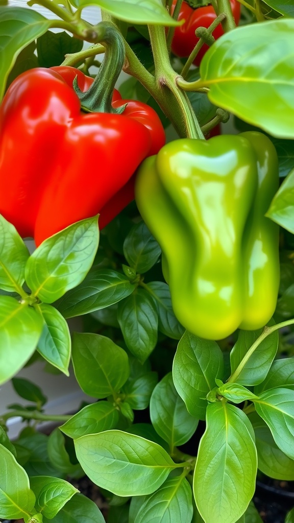 A green bell pepper alongside a ripe red bell pepper growing on a plant.