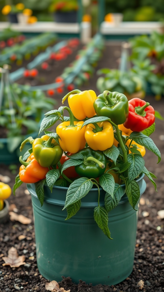 A vibrant display of bell peppers in a green bucket, showcasing yellow, green, and red varieties, set against a backdrop of a flourishing garden.