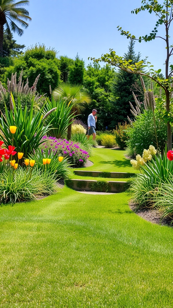 Vibrant garden with Bermuda grass and colorful flowers, featuring pathways for walking.