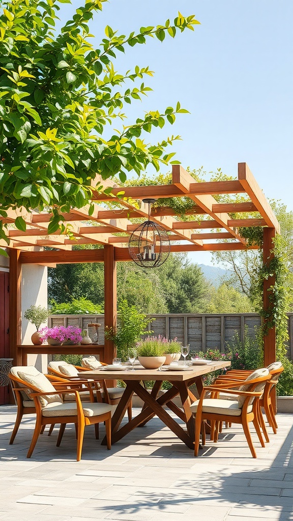 A bioclimatic pergola with wooden structure, surrounded by greenery and a dining setup