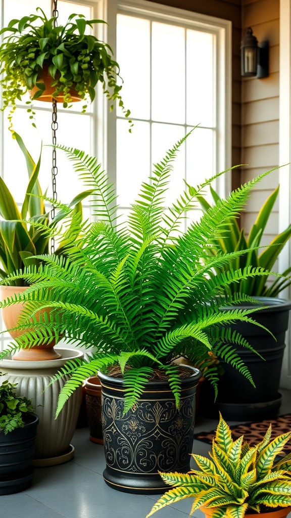 A vibrant Bird's Nest Fern in a decorative pot among other plants on a porch.