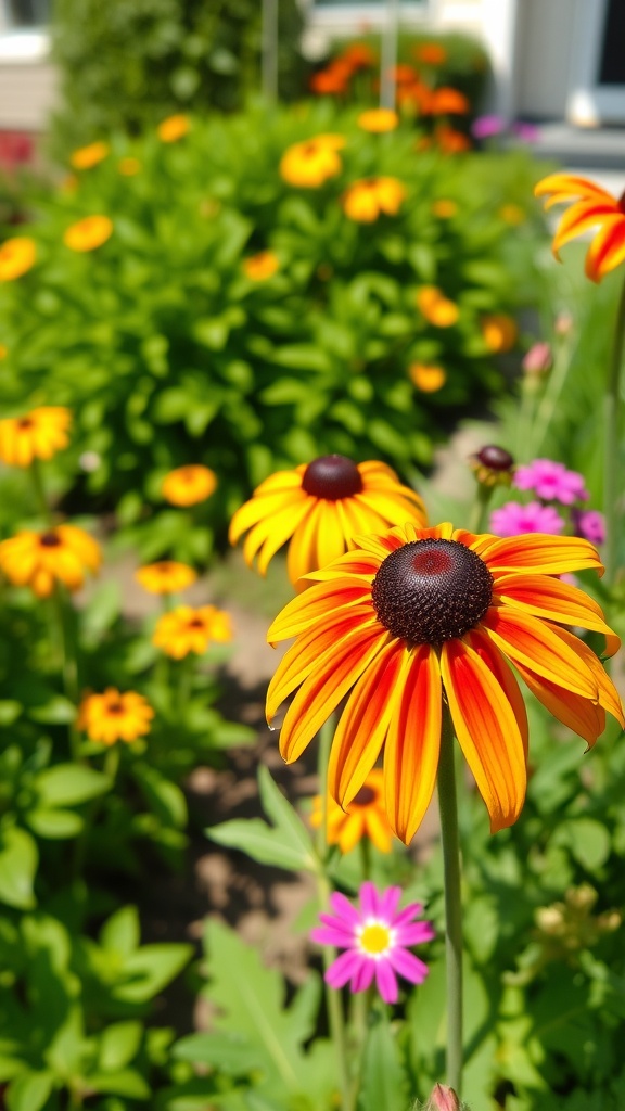 A vibrant garden filled with Black-Eyed Susans, featuring bright yellow petals and dark centers, surrounded by green foliage and other colorful flowers.