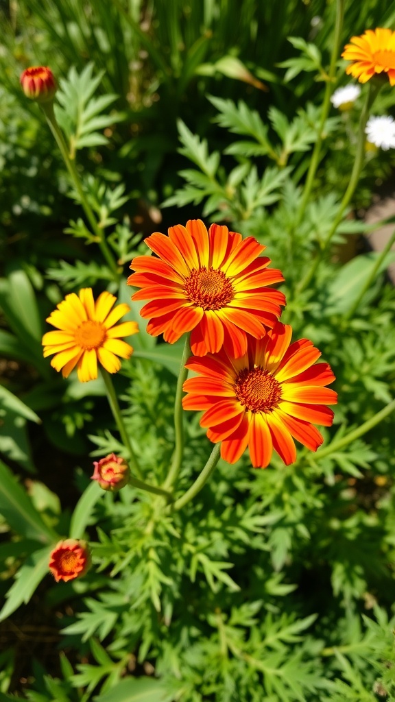 Close-up of vibrant orange and yellow blanket flowers with green foliage