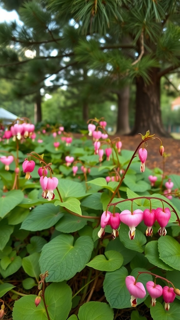 Bleeding Heart flowers blooming under pine trees, showcasing pink heart-shaped blooms surrounded by green leaves.