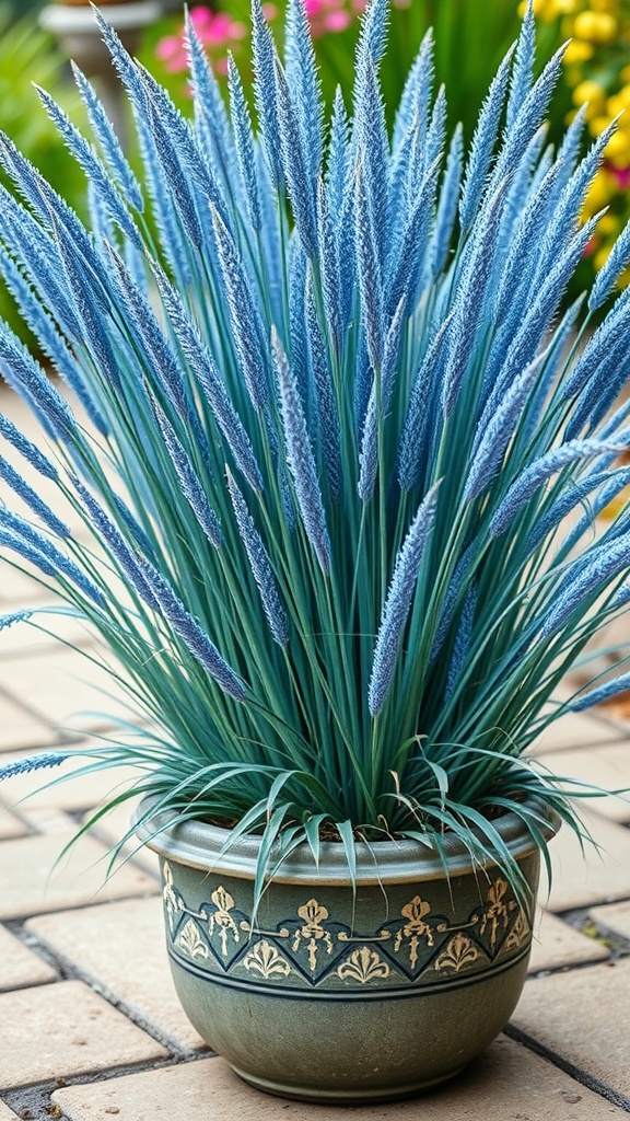 Decorative pot with blue fescue ornamental grass.