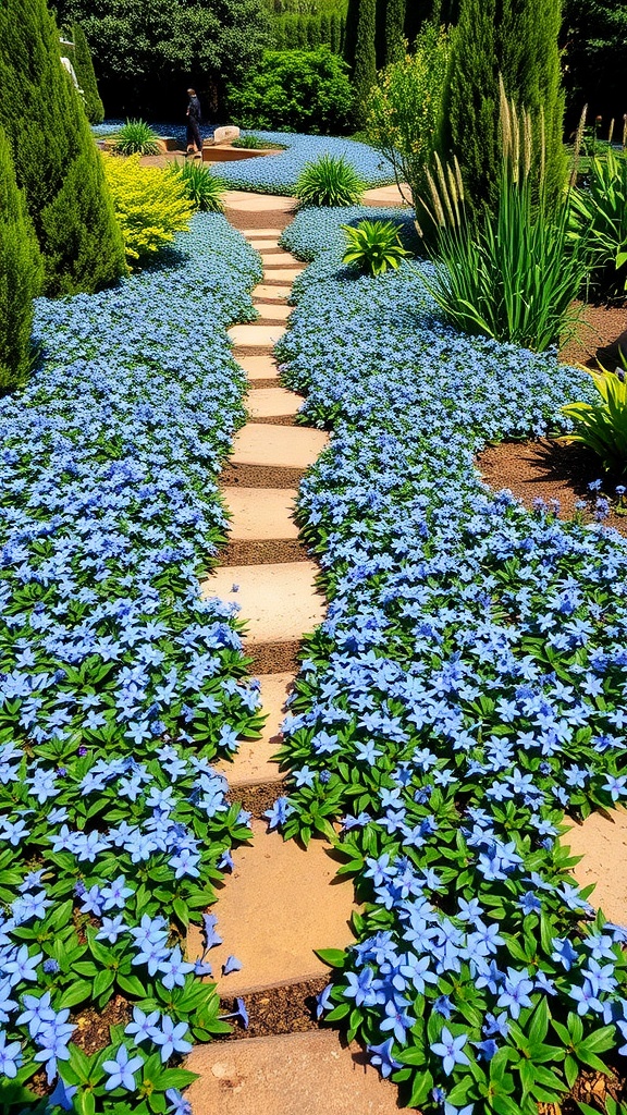 A stone path surrounded by beautiful blue flowers of Blue Star Creeper, creating a vibrant garden scene.