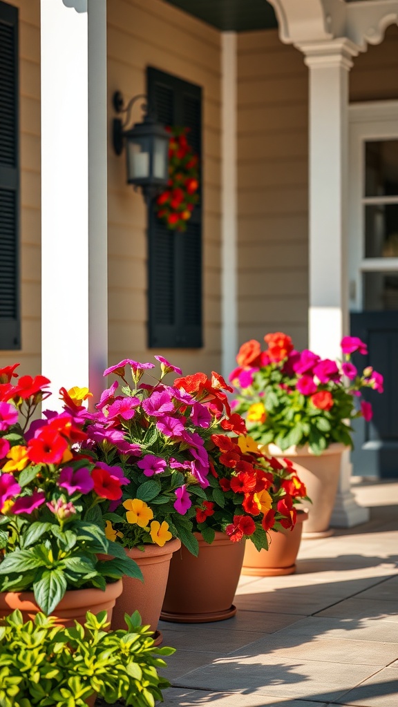 Brightly colored petunias in terracotta pots on a sunny porch