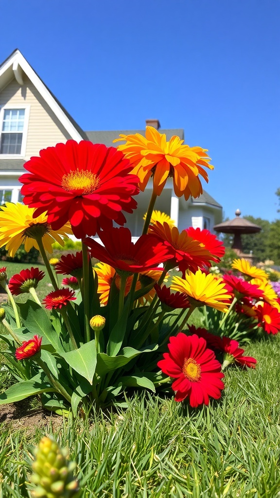 A vibrant flower bed featuring bold red and yellow flowers in front of a house, set against a clear blue sky.