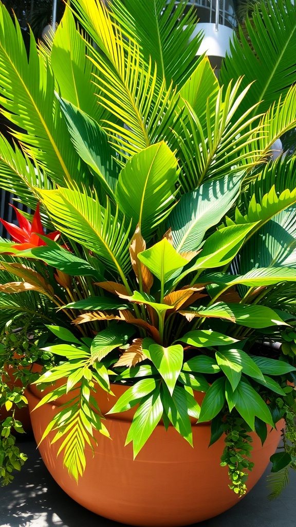 A large terracotta pot filled with a variety of tropical plants showcasing bold green foliage.