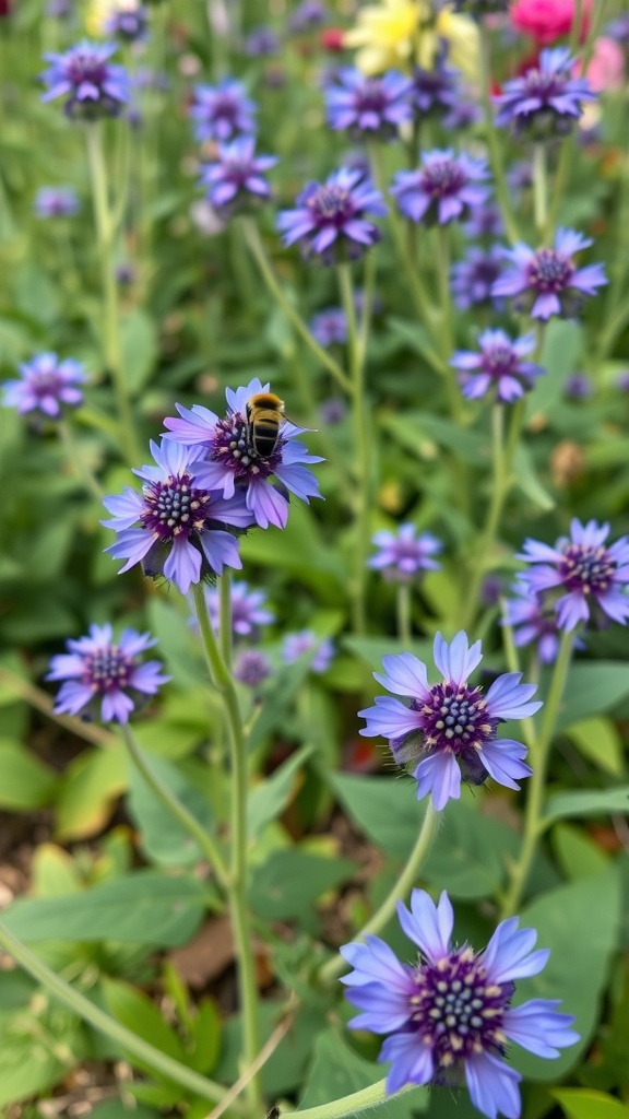 A close-up of blue borage flowers with a bee sitting on one of the blooms in a vibrant garden.