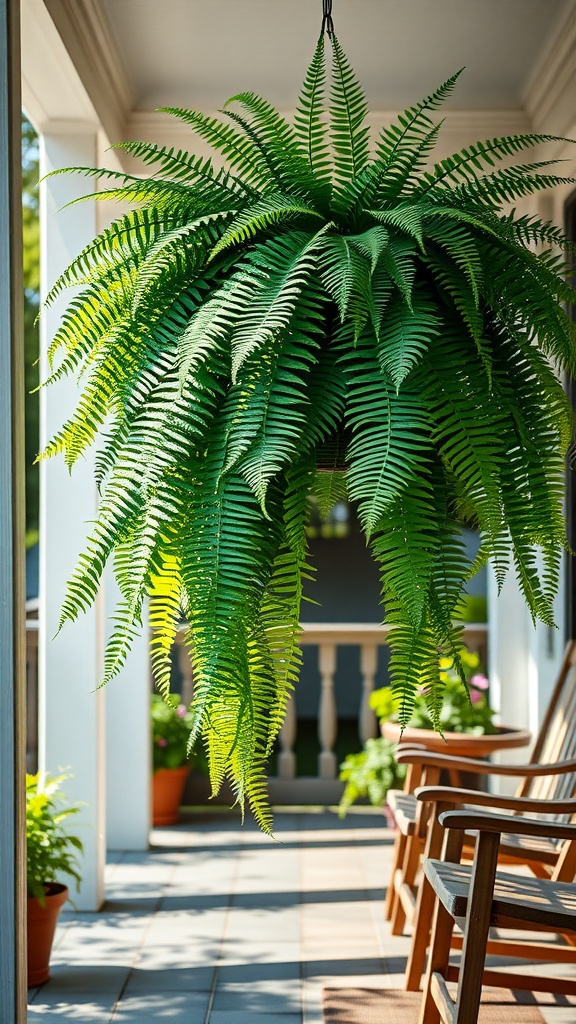 A lush Boston Fern hanging in a pot on a shaded porch.