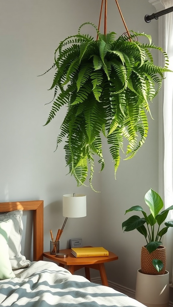 A lush Boston Fern hanging in a bright bedroom, contributing to humidity and decor.