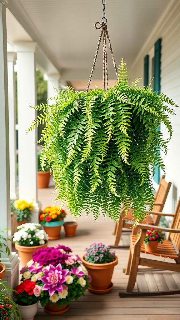 A lush Boston fern hanging in a basket on a porch, surrounded by colorful flower pots.