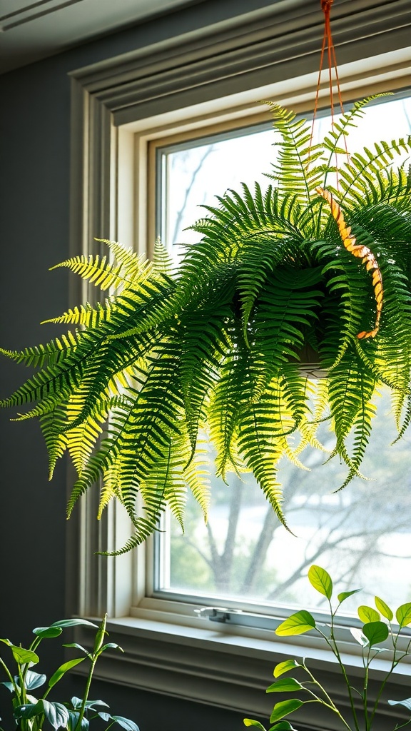 A Boston Fern hanging in front of an east-facing window, showcasing its lush, green foliage