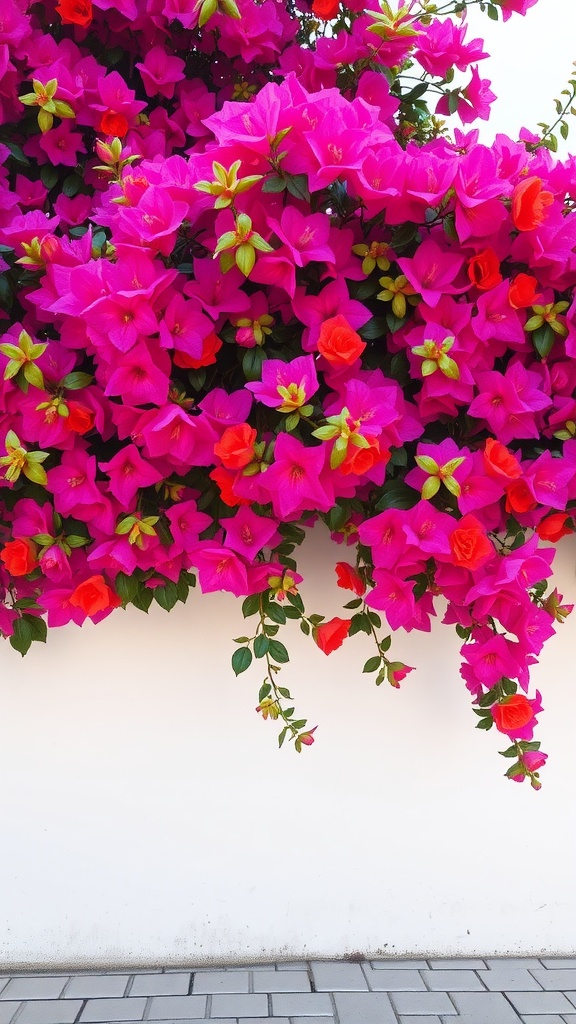 A vibrant display of Bougainvillea flowers in pink and purple