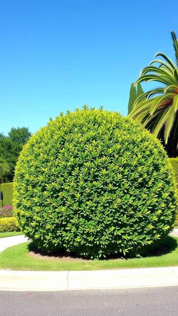 A round, lush boxwood shrub in a sunny garden setting