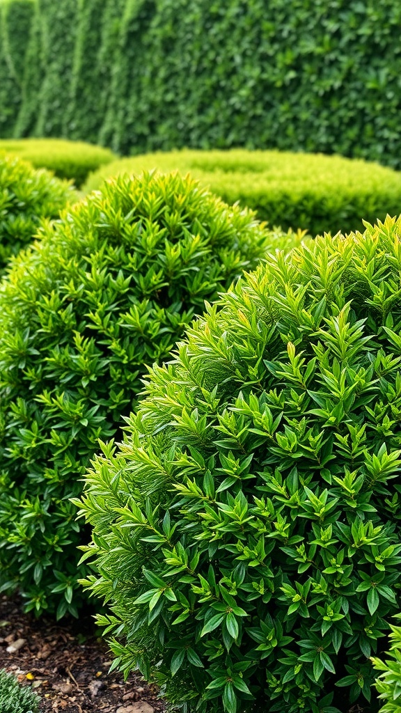 Lush rounded boxwood shrubs in a garden