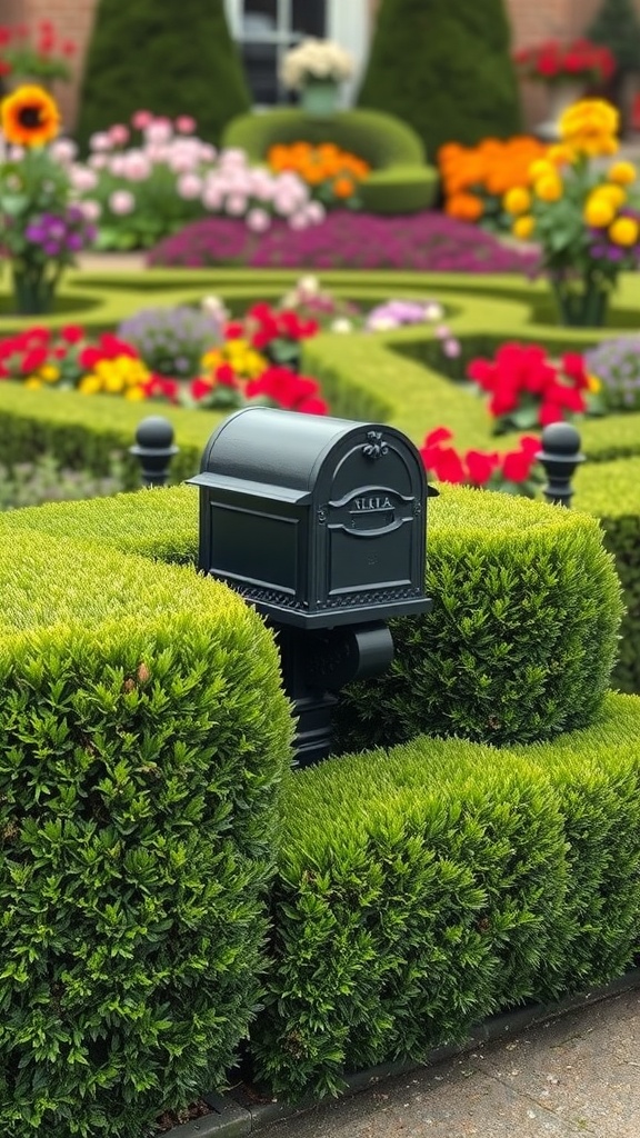 A black mailbox surrounded by neatly trimmed boxwood hedges and colorful flowers in a beautifully landscaped garden.