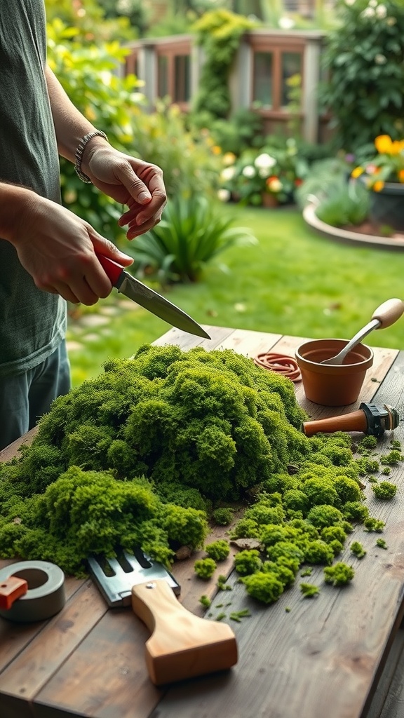 A person breaking moss into smaller pieces on a wooden table, surrounded by gardening tools and plants.