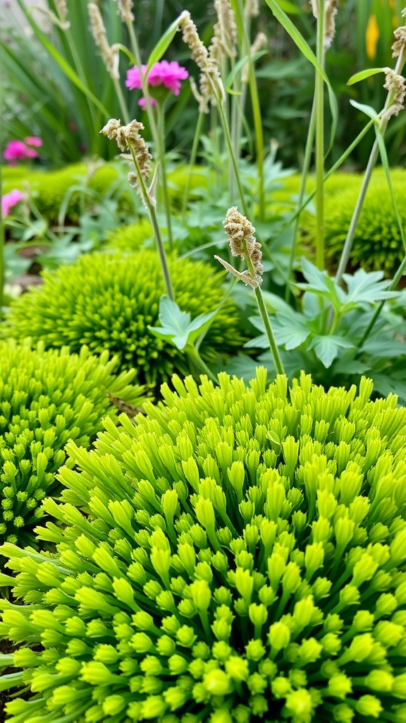 A close-up of Broom Moss (Mnium Stellare) showcasing its vibrant green tufts among other plants in a garden.