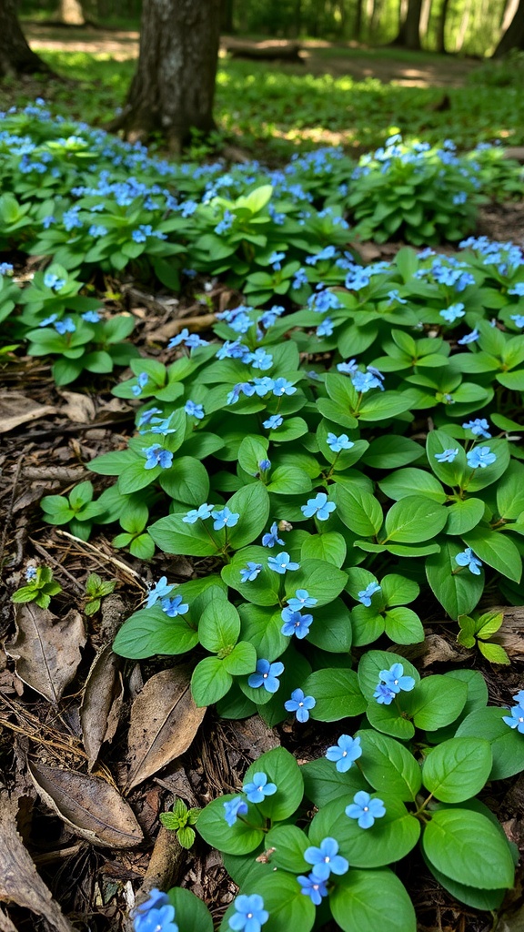 A lush patch of Brunnera flowers featuring blue blooms and green leaves under a tree