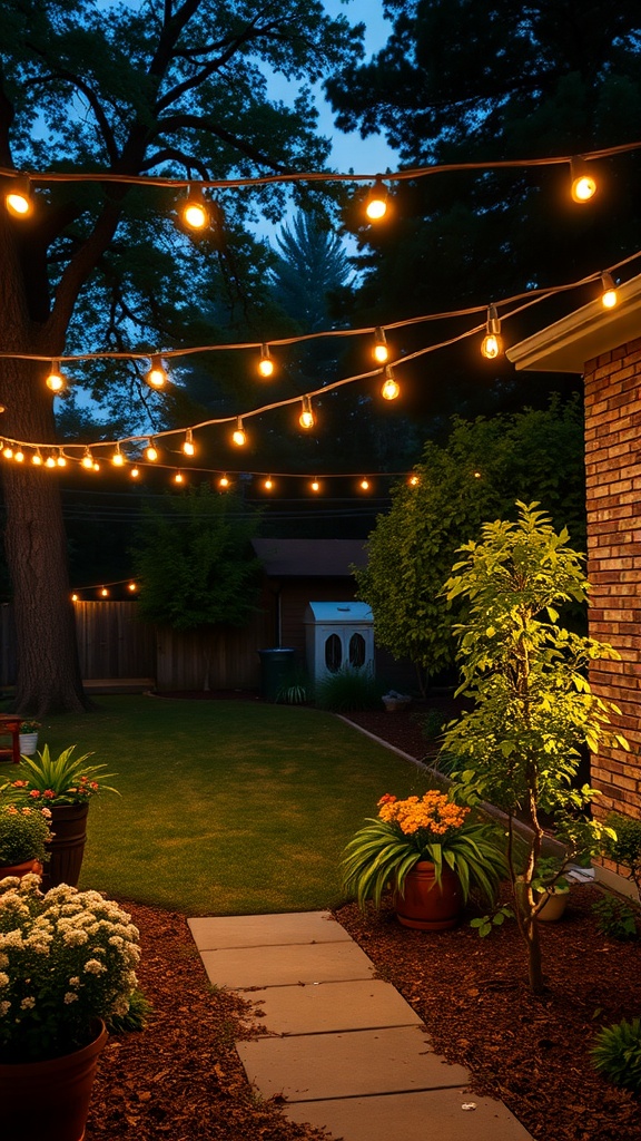 A backyard with string lights illuminating a pathway and plants